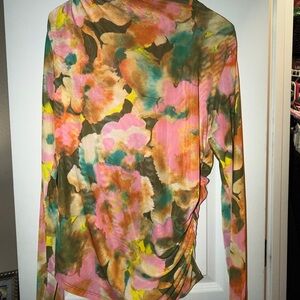 Rails Multicolor Floral Long Sleeve Ruched Mesh Top Size Xl